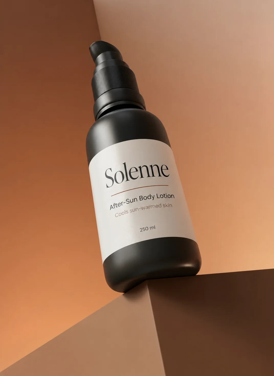 A black pump bottle of After-Sun Body Lotion leaning on a terracotta block