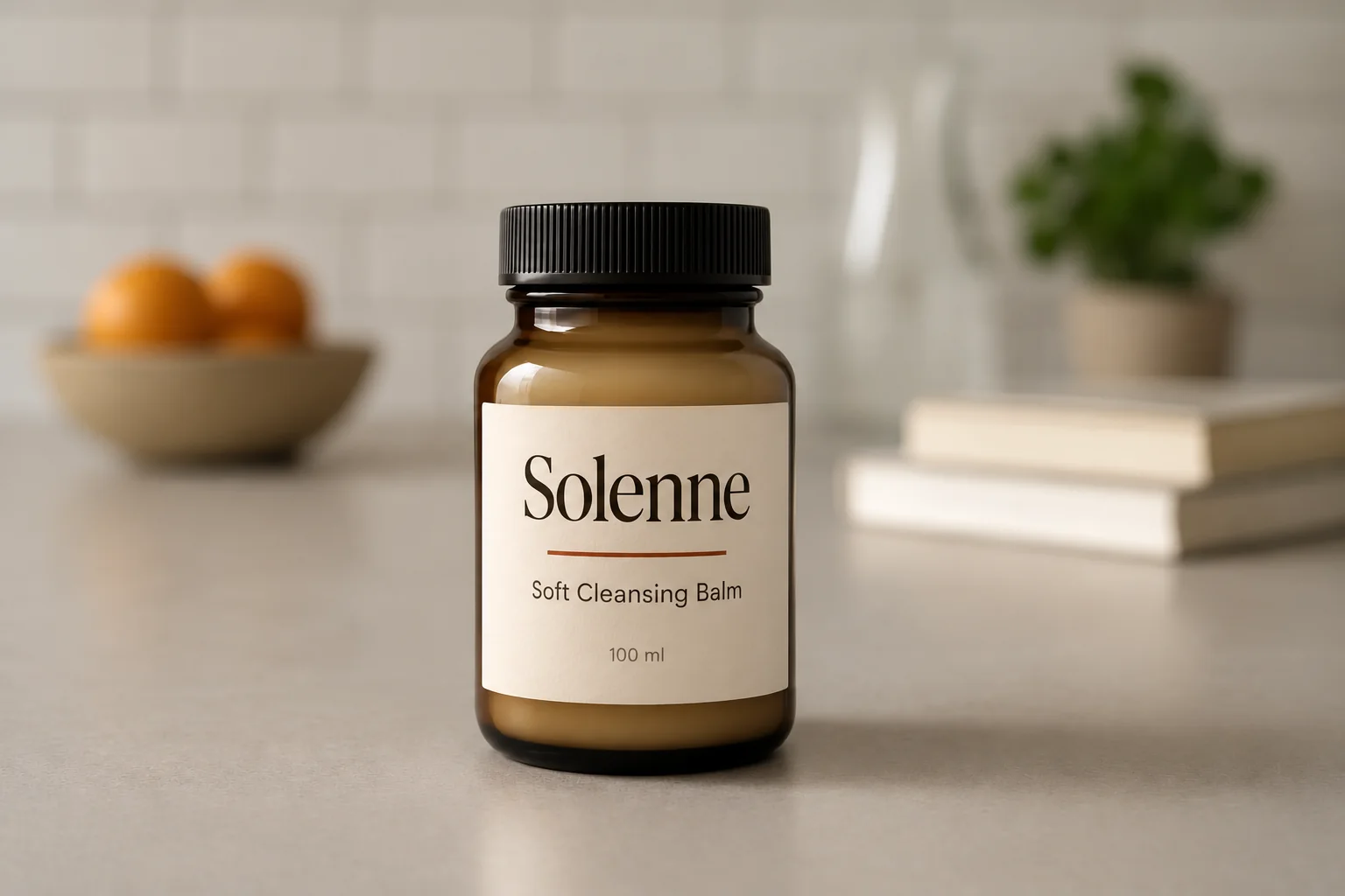 An amber jar of Soft Cleansing Balm on a kitchen counter
