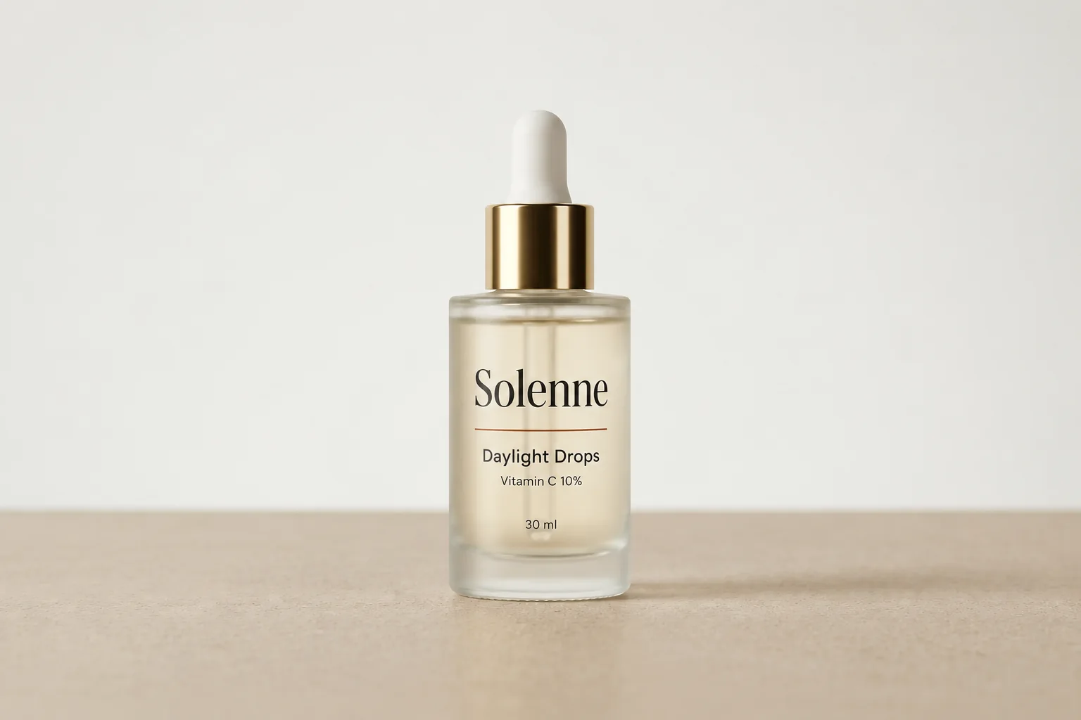 A clear Daylight Drops dropper bottle with a gold collar on a pale shelf