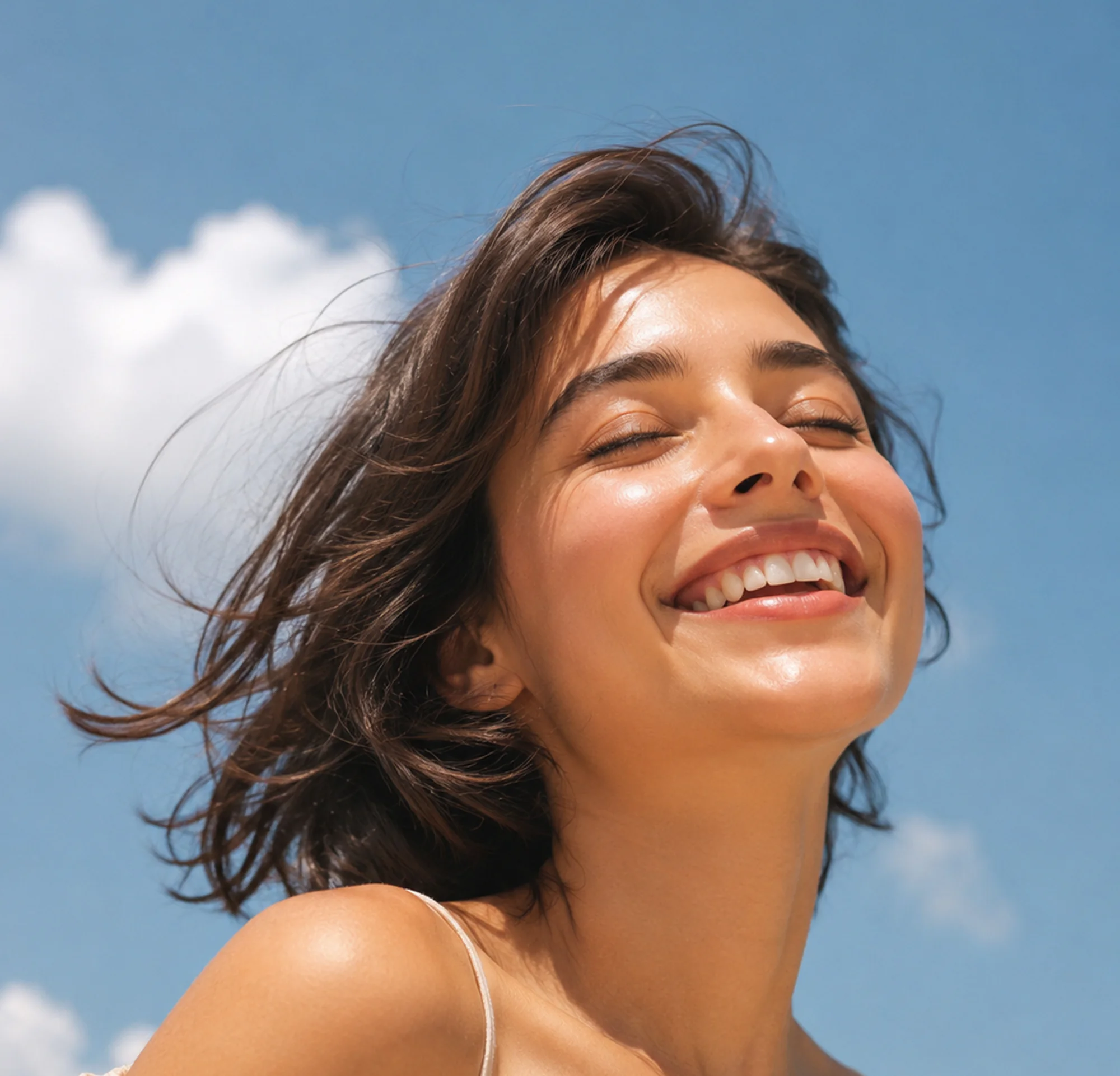 A woman laughing with her hair blowing against a blue sky