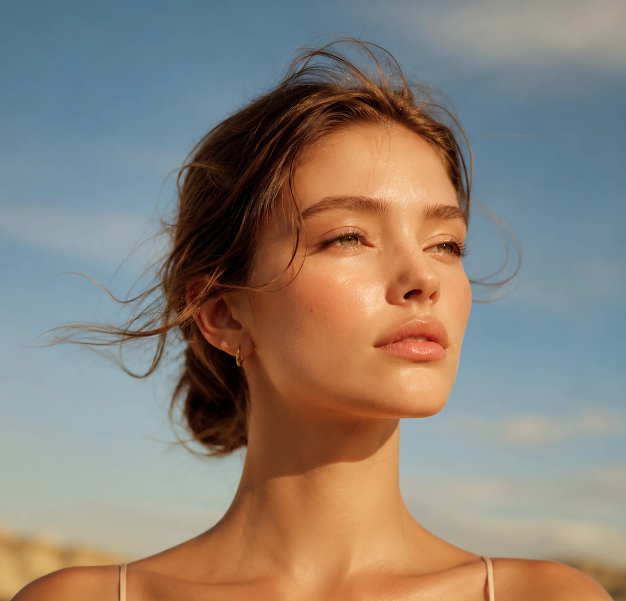 A woman with wind in her hair against a blue sky