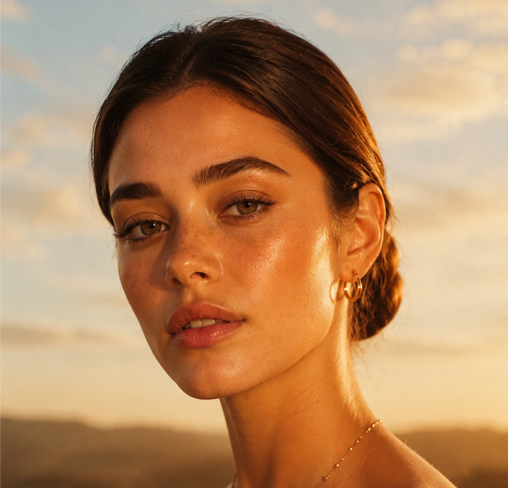 A woman in golden evening light with the sky behind her