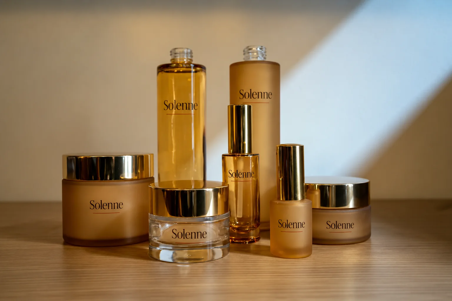 Frosted amber bottles and gold-lidded jars on a wooden shelf