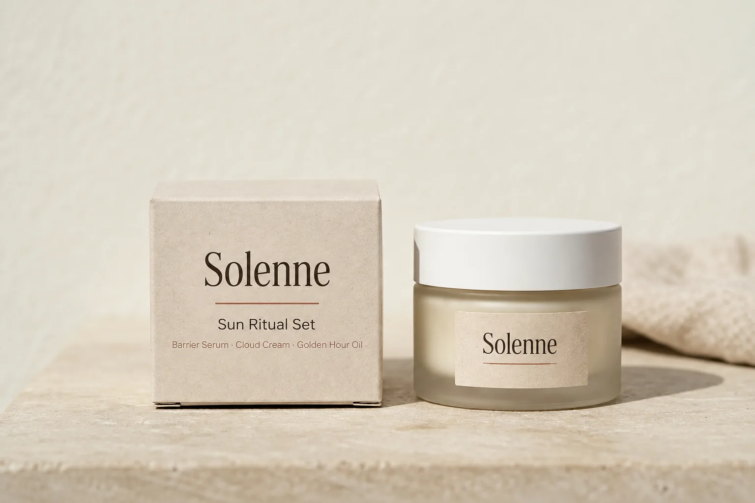 The Sun Ritual Set box beside a frosted glass jar of cream